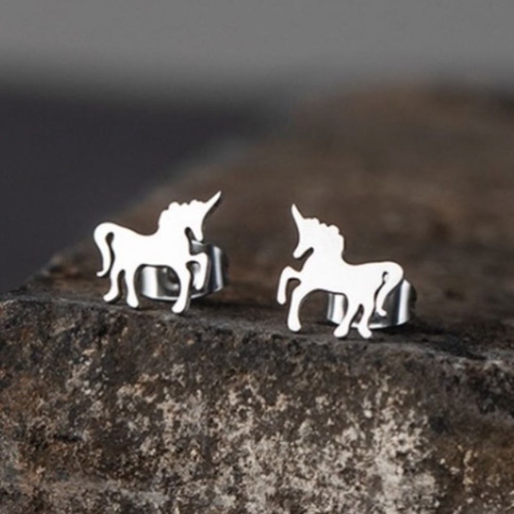 SILVER Unicorn Stainless Steel Stud Earrings With Gift Bag